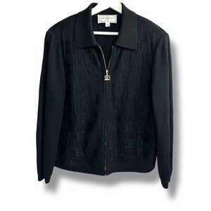 St John Sport by Marie Gray Black Textured Knit Zip Front Jacket Sweater L
